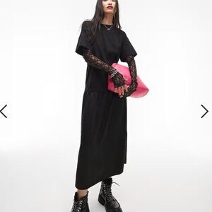 TOPSHOP chuck on midi t-shirt dress with lace sleeve in black Size 8-10